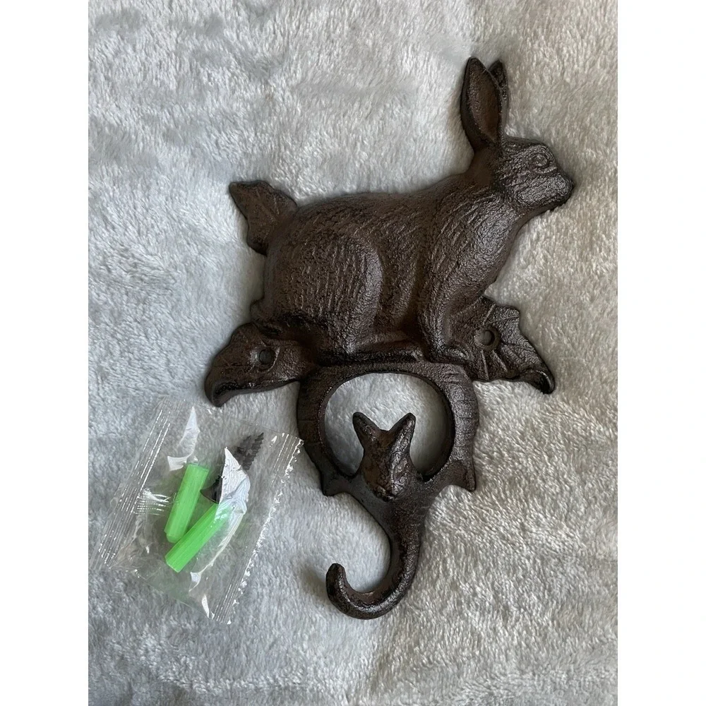 Rustic Cast Iron Rabbit Wall Hook Bunny Coat Towel Key Holder Farmhouse Cottage